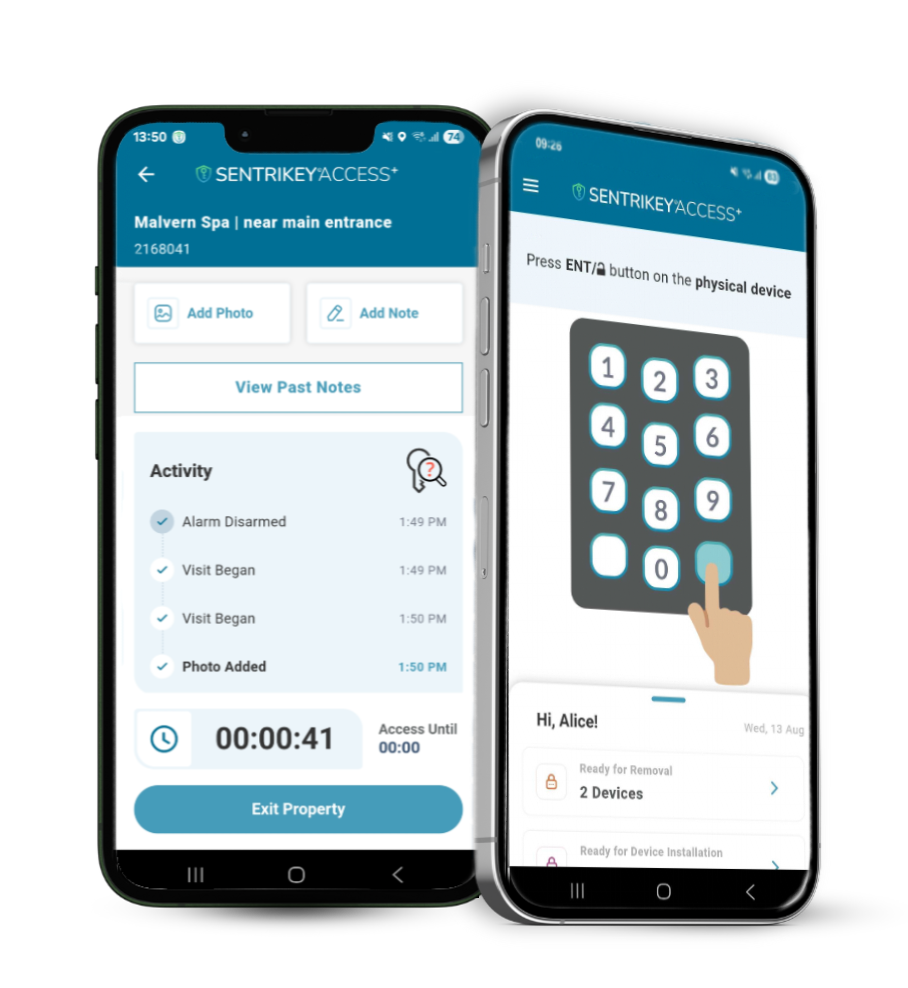Access-app-for-sentriguard-dual-screen-2 Two mobile phones with Access+ app on screens